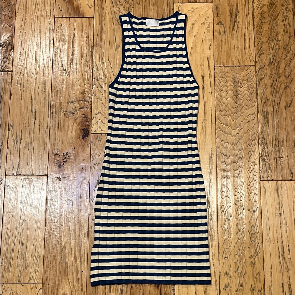 (POSSE) Blue and Cream Striped Rib Knit Mini Dress